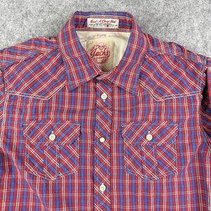 Jachs Western Shirt Mens S Red Blue Plaid Button Roll Tab Cowboy Rodeo Pockets